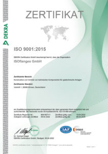 ISO 9001:2015-Zertifikat der DEKRA an den Hersteller Isolierflansche ISOflanges GmbH verliehen.