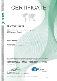 ISO 9001:2015 Zertifikat für den Hersteller Isolierflansche ISOflanges GmbH, verliehen durch die DEKRA Certification GmbH.