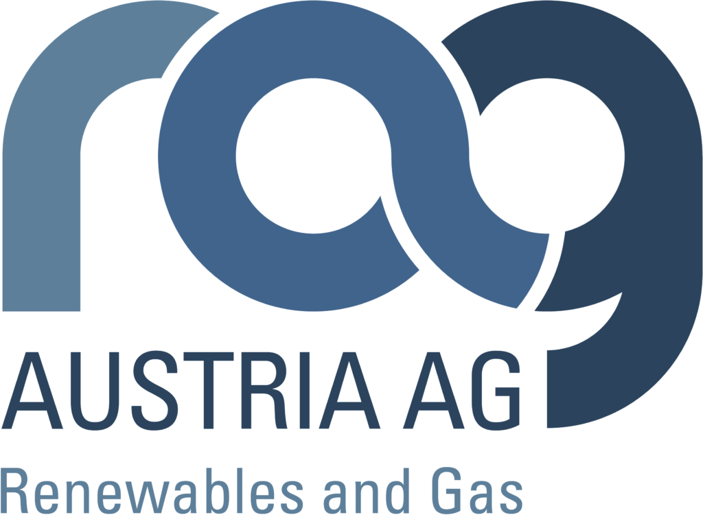 RAAG Austria AG Logo mit Text Erneuerbare Energien und Gas darunter, Referenzen in blauen und dunkelblauen Farbtönen.