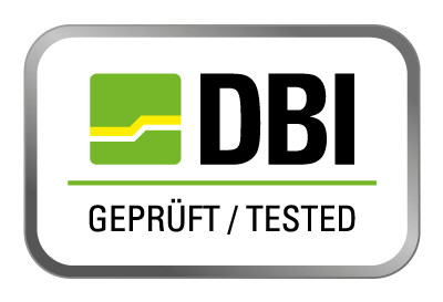 DBI-Logo mit grünem Quadrat und "GEPRÜFT / TESTED" für hochtemperaturbeständige Isolierflanschverbindung.