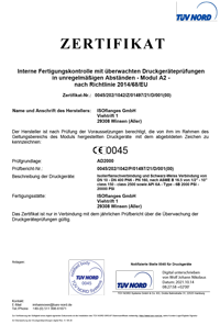 Zertifikat in deutscher Sprache mit TÜV NORD-Logo, das dem Hersteller Isolierflansche die Einhaltung der Richtlinie 2014/68/EU bescheinigt.