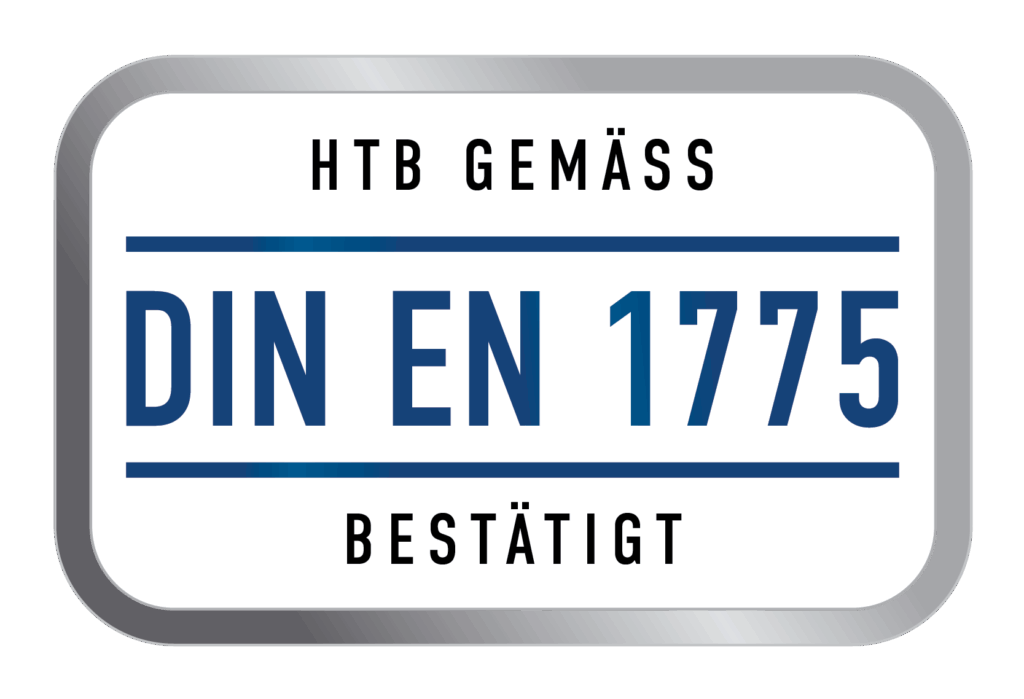 A rectangular badge with HTB GEMÄSS DIN EN 1775 BESTÄTIGT in blue and black text.