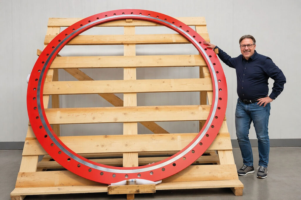Foto Pumpspeicherkraftwerk – großer Isolierflansch, daneben steht Roland Satzinger