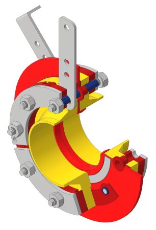 3D-Rendering einer mechanischen Isolierflanschverbindung mit Bolzen, Halterungen und gelben und roten Innenteilen.