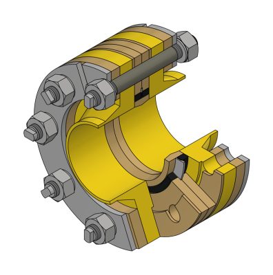 3D Schnittdarstellung eines mechanischen Lagergehäuses mit Schrauben und hochtemperaturbeständiger Isolierflanschverbindung.