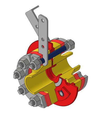 3D-CAD-Modell einer mechanischen Klemmvorrichtung mit Schrauben, Muttern und farbigen Bauteilen, teilweise zerlegt.