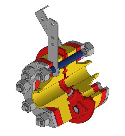 3D-Schnittdarstellung einer mechanischen Kupplung mit sichtbaren Schrauben, Muttern und Isoliertrennstelle für KKS.