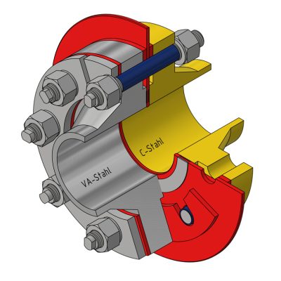 3D-Schnitt durch eine mechanische Kupplung mit Bolzen, mit SW Verbindungen 5, VA-Stahl und C-Stahl Teilen.